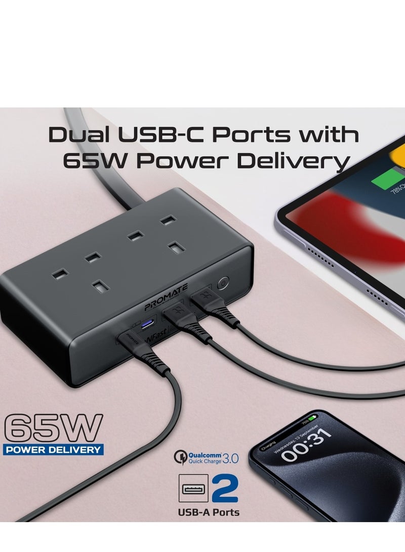 بروميت Charging Station, 6-in-1 Multi-Port 65W GaNFast  Power Extension with Dual 3250W AC Sockets, Dual 65W USB-C Power Delivery Ports, 60W Black Black  - Image 4