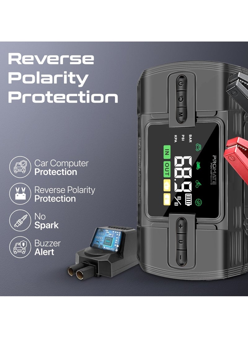 Promate Air Pump and Car Jump Starter with Multi-purpose 12000mAh Power Bank, Protection Against Reverse Polarity, Ultra-Safe 2000A Peak, USB-A and QC 3.0 Ports LED Light, 150PSI, and SOS Function for Emergencies, Home, Trips, PatrolPack-3 Black - Image 5