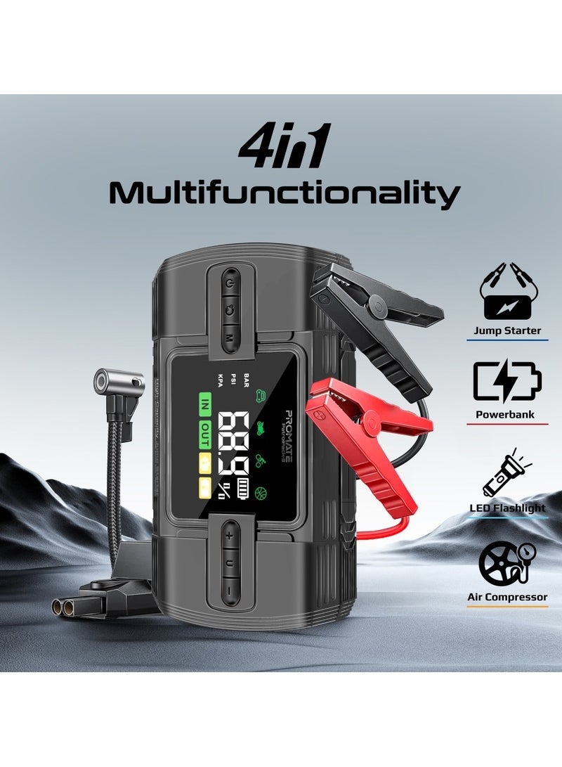 Promate Air Pump and Car Jump Starter with Multi-purpose 12000mAh Power Bank, Protection Against Reverse Polarity, Ultra-Safe 2000A Peak, USB-A and QC 3.0 Ports LED Light, 150PSI, and SOS Function for Emergencies, Home, Trips, PatrolPack-3 Black - Image 2