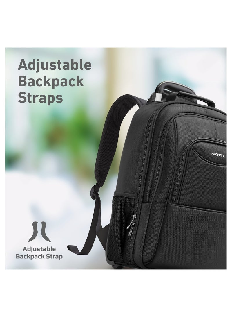 PROMATE Trolley Bag, Premium 2-in-1 Trolley Bag and Backpack with Secure Zippers, Side Pockets, Adjustable Straps, Water Resistance and In-Line Wheels for 16” Laptops, Black - Image 4