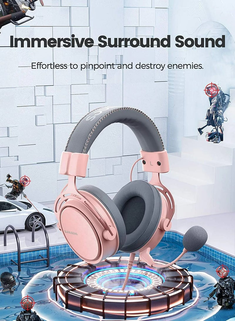 Soulsens Air SE Gaming Headset with 3D Bass，Xbox / PS4 / PS5 / NS / PC Over-Ear Computer Headset with Noise Cancelling Mic, Ultra Light Soft Memory Earpads Gaming Headphones Pink