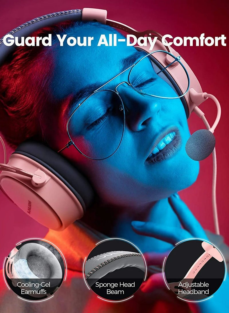 Soulsens Air SE Gaming Headset with 3D Bass，Xbox / PS4 / PS5 / NS / PC Over-Ear Computer Headset with Noise Cancelling Mic, Ultra Light Soft Memory Earpads Gaming Headphones Pink
