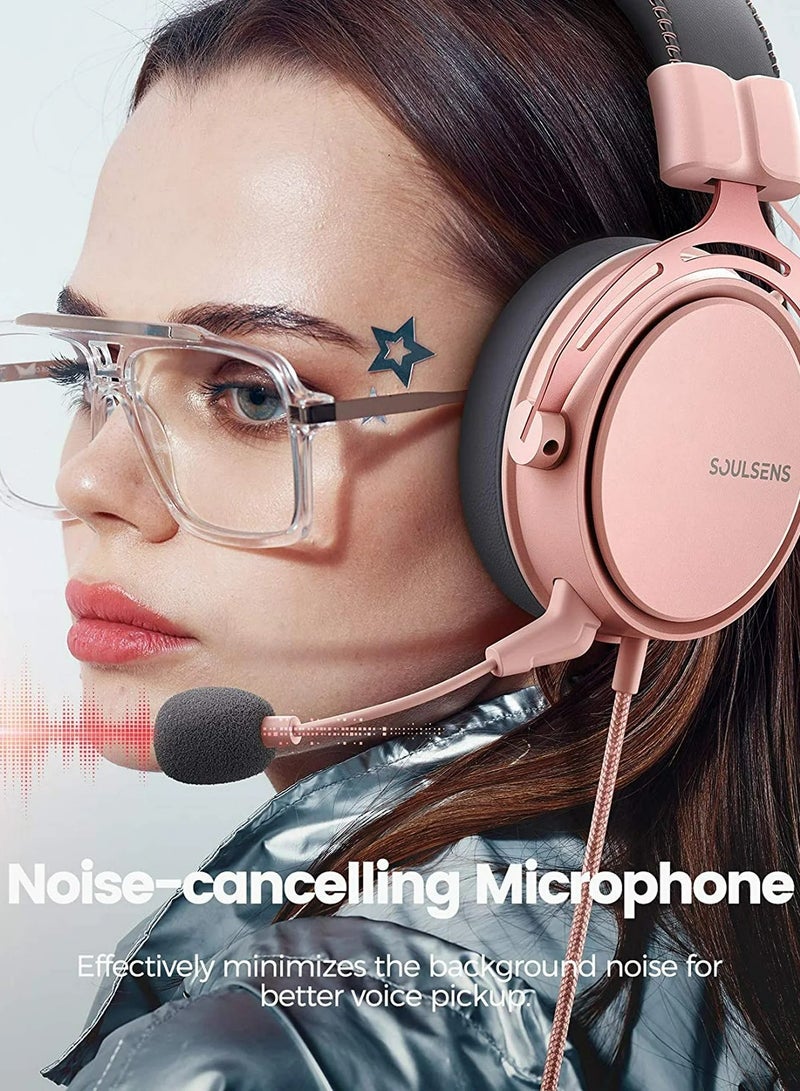 Soulsens Air SE Gaming Headset with 3D Bass，Xbox / PS4 / PS5 / NS / PC Over-Ear Computer Headset with Noise Cancelling Mic, Ultra Light Soft Memory Earpads Gaming Headphones Pink