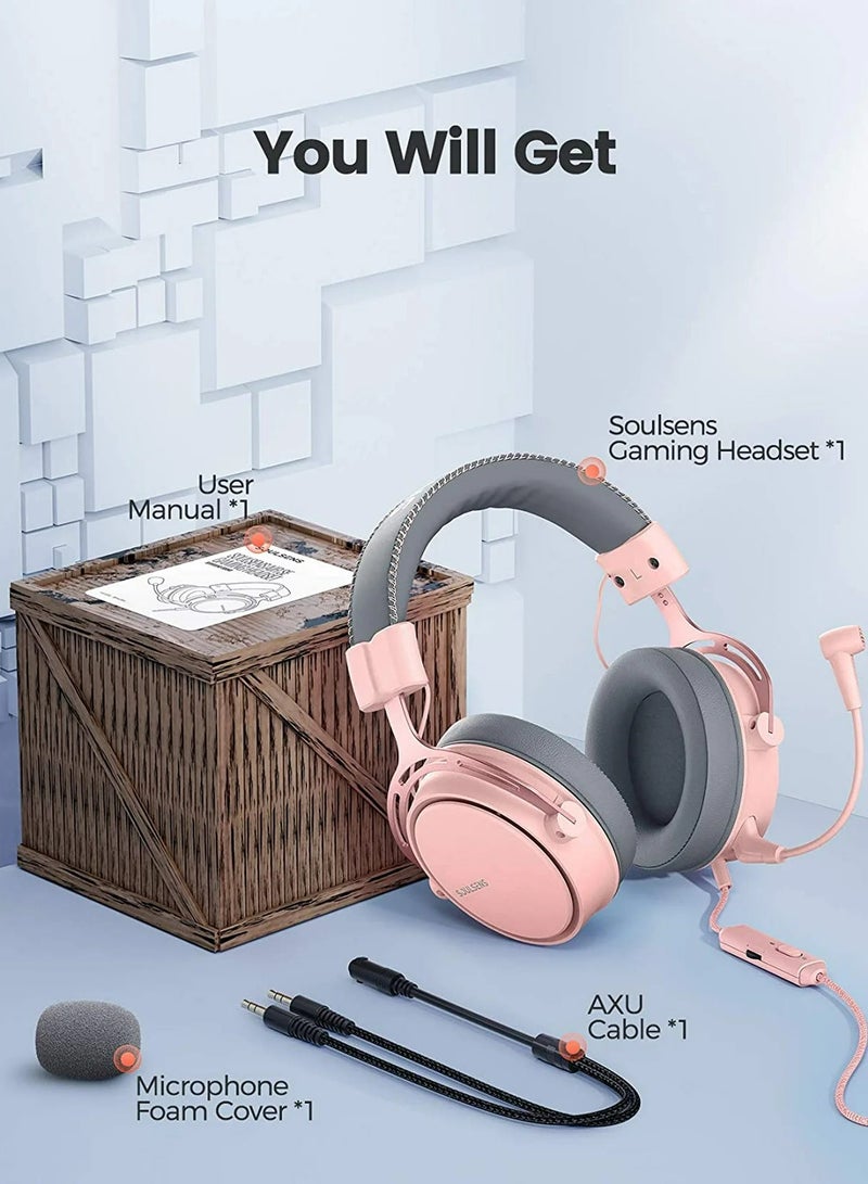 Soulsens Air SE Gaming Headset with 3D Bass，Xbox / PS4 / PS5 / NS / PC Over-Ear Computer Headset with Noise Cancelling Mic, Ultra Light Soft Memory Earpads Gaming Headphones Pink