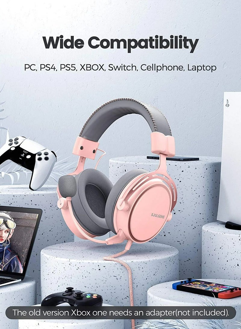Soulsens Air SE Gaming Headset with 3D Bass，Xbox / PS4 / PS5 / NS / PC Over-Ear Computer Headset with Noise Cancelling Mic, Ultra Light Soft Memory Earpads Gaming Headphones Pink