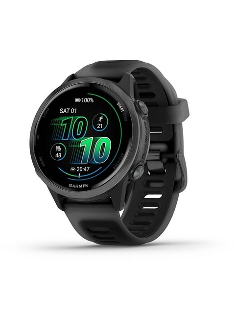 Forerunner 570 - 42MM - Slate Gray Aluminium with Translucent Black/ Black Band - Up to 10 Days of  Battery life  - 1.2" Amoled Display, Corning Gorilla Glass 3, Heart Rate Monitor, All day stress monitor, Advanced GPS features, Music on your Wrist, iOS and Android compatible Slate Grey
