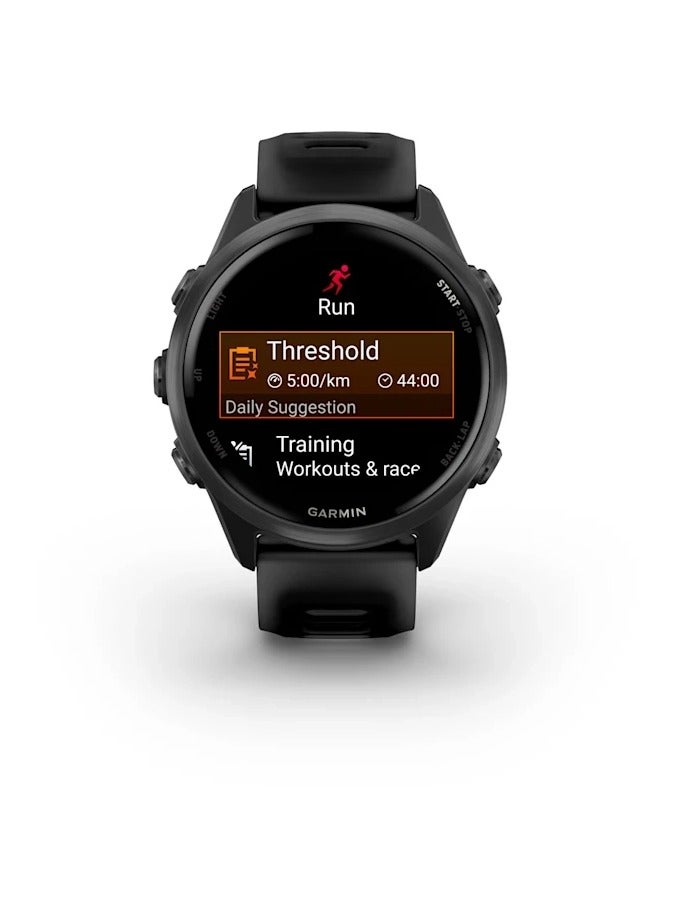Forerunner 570 - 42MM - Slate Gray Aluminium with Translucent Black/ Black Band - Up to 10 Days of  Battery life  - 1.2" Amoled Display, Corning Gorilla Glass 3, Heart Rate Monitor, All day stress monitor, Advanced GPS features, Music on your Wrist, iOS and Android compatible Slate Grey