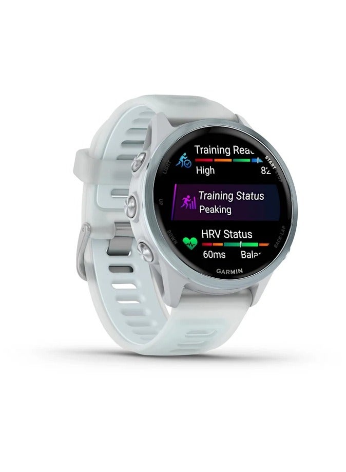 GARMIN Forerunner 570 - 42MM - Cloud Blue Aluminium with Translucent  Whitestone / Cloud Blue Band - Up to 10 Days of  Battery life  - 1.2" Amoled Display, Corning Gorilla Glass 3, Heart Rate Monitor, All day stress monitor, Advanced GPS features, Music on your Wrist, iOS and Android compatible Cloud Blue  - Image 1