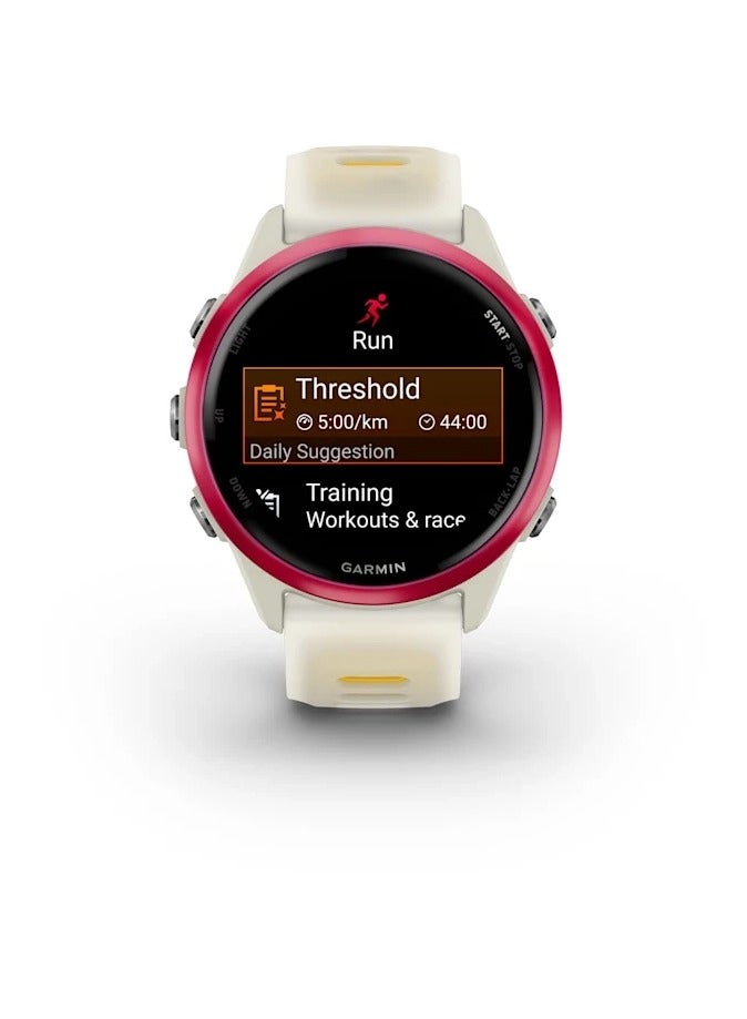 GARMIN Forerunner 570 - 42MM - Raspberry Aluminium with Translucent Bone/Mango  - Up to 10 Days of  Battery life  - 1.2" Amoled Display, Corning Gorilla Glass 3, Heart Rate Monitor, All day stress monitor, Advanced GPS features, Music on your Wrist, iOS and Android compatible Raspberry  - Image 2