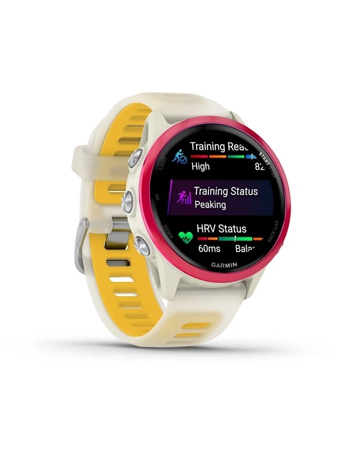 GARMIN Forerunner 570 - 42MM - Raspberry Aluminium with Translucent Bone/Mango  - Up to 10 Days of  Battery life  - 1.2" Amoled Display, Corning Gorilla Glass 3, Heart Rate Monitor, All day stress monitor, Advanced GPS features, Music on your Wrist, iOS and Android compatible Raspberry  - Image 3