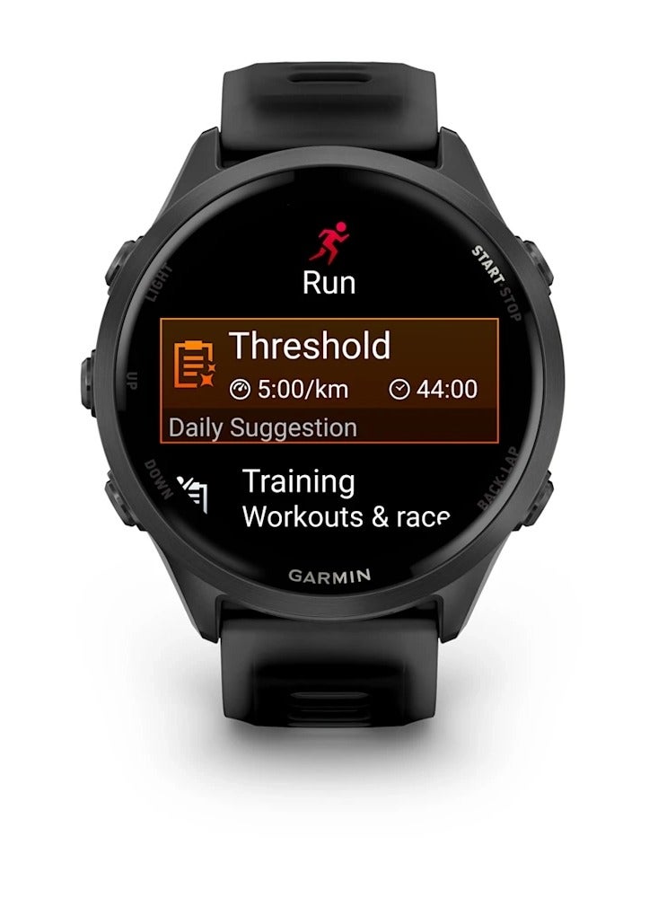 GARMIN Forerunner 570 - 47MM - Slate Gray Aluminium with Translucent Black/ Black  Band - Up to 11 Days of  Battery life  - 1.4" Amoled Display, Corning Gorilla Glass 3, Heart Rate Monitor, All day stress monitor, Advanced GPS features, Music on your Wrist, iOS and Android compatible Slate Grey  - Image 2