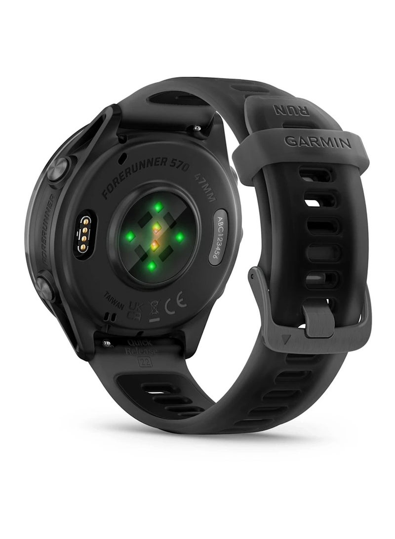 GARMIN Forerunner 570 - 47MM - Slate Gray Aluminium with Translucent Black/ Black  Band - Up to 11 Days of  Battery life  - 1.4" Amoled Display, Corning Gorilla Glass 3, Heart Rate Monitor, All day stress monitor, Advanced GPS features, Music on your Wrist, iOS and Android compatible Slate Grey  - Image 4