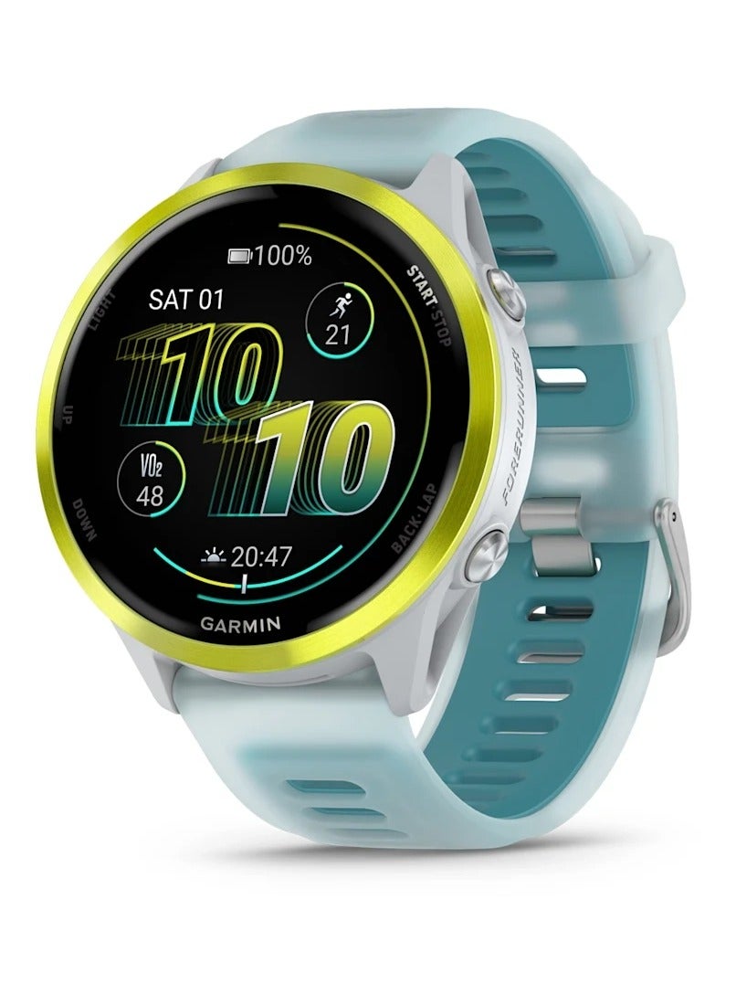Forerunner 570 - 47MM - Amp Yellow Aluminium with Translucent Whitestone/Turquoise Band - Up to 11 Days of  Battery life  - 1.4" Amoled Display, Corning Gorilla Glass 3, Heart Rate Monitor, All day stress monitor, Advanced GPS features, Music on your Wrist, iOS and Android compatible Amp Yellow