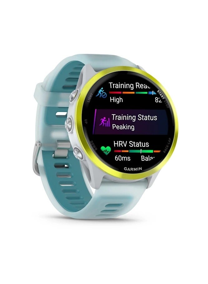 GARMIN Forerunner 570 - 47MM - Amp Yellow Aluminium with Translucent Whitestone/Turquoise Band - Up to 11 Days of  Battery life  - 1.4" Amoled Display, Corning Gorilla Glass 3, Heart Rate Monitor, All day stress monitor, Advanced GPS features, Music on your Wrist, iOS and Android compatible Amp Yellow  - Image 3
