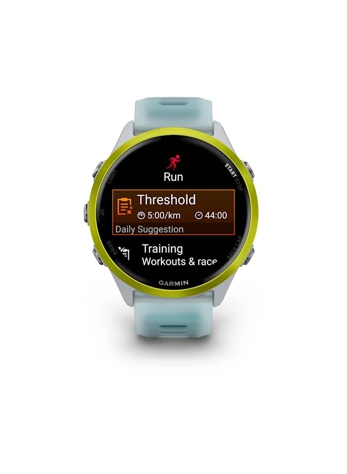GARMIN Forerunner 570 - 47MM - Amp Yellow Aluminium with Translucent Whitestone/Turquoise Band - Up to 11 Days of  Battery life  - 1.4" Amoled Display, Corning Gorilla Glass 3, Heart Rate Monitor, All day stress monitor, Advanced GPS features, Music on your Wrist, iOS and Android compatible Amp Yellow  - Image 2