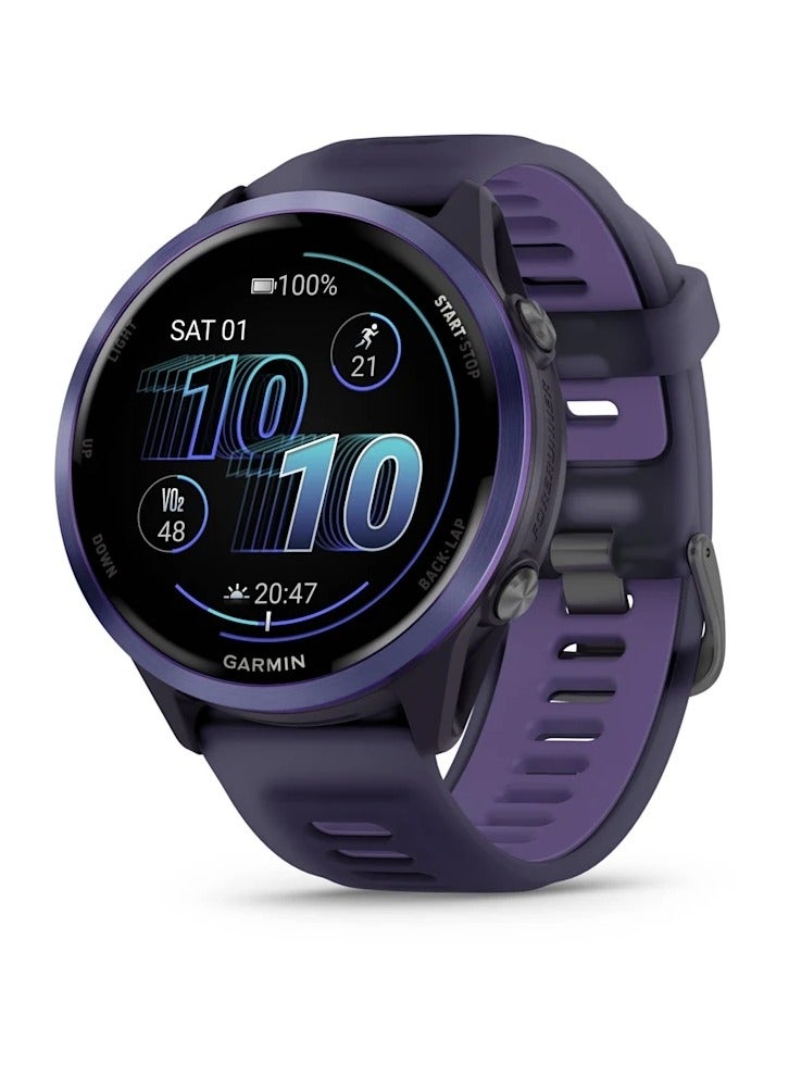 GARMIN Forerunner 570 - 47MM - Indigo Aluminium with Translucent Imperial Purple/Indigo Band - Up to 11 Days of  Battery life  - 1.4" Amoled Display, Corning Gorilla Glass 3, Heart Rate Monitor, All day stress monitor, Advanced GPS features, Music on your Wrist, iOS and Android compatible Indigo  - Image 1