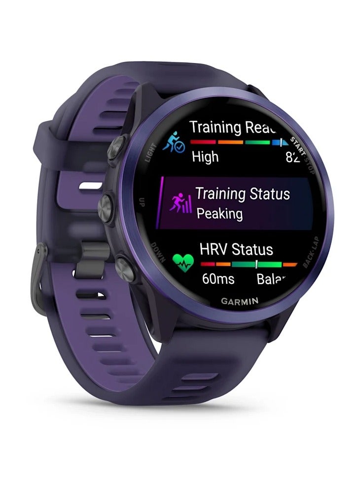 GARMIN Forerunner 570 - 47MM - Indigo Aluminium with Translucent Imperial Purple/Indigo Band - Up to 11 Days of  Battery life  - 1.4" Amoled Display, Corning Gorilla Glass 3, Heart Rate Monitor, All day stress monitor, Advanced GPS features, Music on your Wrist, iOS and Android compatible Indigo  - Image 3