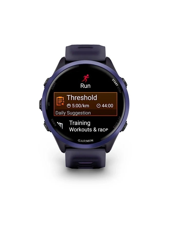 GARMIN Forerunner 570 - 47MM - Indigo Aluminium with Translucent Imperial Purple/Indigo Band - Up to 11 Days of  Battery life  - 1.4" Amoled Display, Corning Gorilla Glass 3, Heart Rate Monitor, All day stress monitor, Advanced GPS features, Music on your Wrist, iOS and Android compatible Indigo  - Image 2