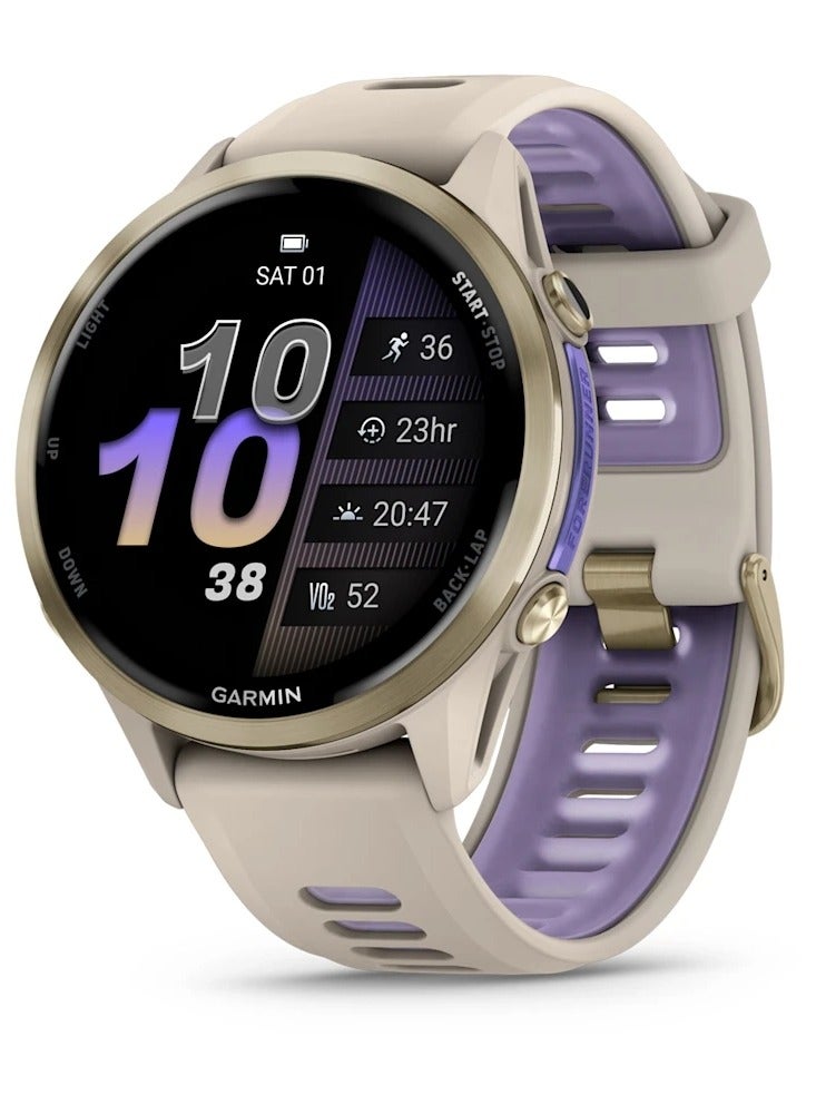 GARMIN Forerunner 970 - 47MM - Soft Gold Titanium with French Gray Case and French  Gray/ Translucent Indigo Band - Up to 15 Days of  Battery life  - 1.4" Amoled Display, sapphire crystal, Heart Rate Monitor, All day stress monitor, Advanced GPS features, Super bright LED flashlight, iOS and Android compatible Soft Gold  - Image 1