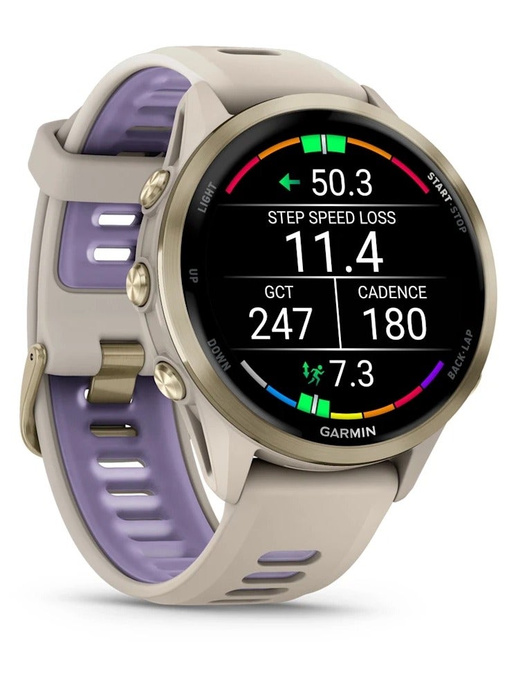 GARMIN Forerunner 970 - 47MM - Soft Gold Titanium with French Gray Case and French  Gray/ Translucent Indigo Band - Up to 15 Days of  Battery life  - 1.4" Amoled Display, sapphire crystal, Heart Rate Monitor, All day stress monitor, Advanced GPS features, Super bright LED flashlight, iOS and Android compatible Soft Gold  - Image 3