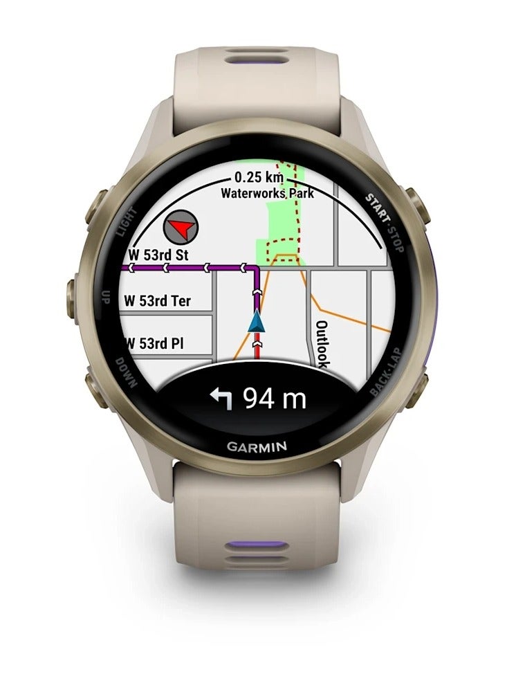 GARMIN Forerunner 970 - 47MM - Soft Gold Titanium with French Gray Case and French  Gray/ Translucent Indigo Band - Up to 15 Days of  Battery life  - 1.4" Amoled Display, sapphire crystal, Heart Rate Monitor, All day stress monitor, Advanced GPS features, Super bright LED flashlight, iOS and Android compatible Soft Gold  - Image 2