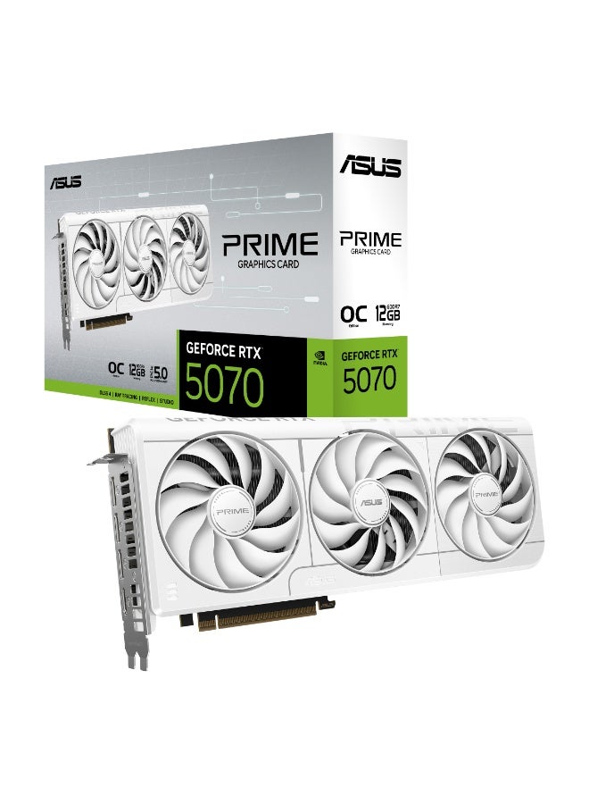 ASUS Prime RTX 5070 OC White 12GB GDDR7 Graphics Card, 2587MHz Boost, 192-Bit, PCIe 4.0, Triple Fan, DLSS 4, Ray Tracing, 1x HDMI 2.1b, 3x DP 2.1, 16-Pin Power, 750W PSU, SFF Ready, 90YV0M19-M0NA00 White  - Image 1