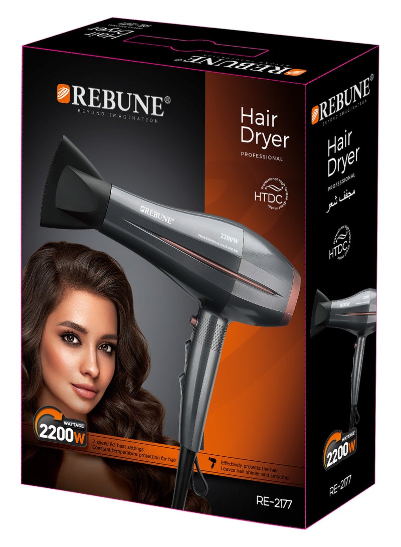 ريبون Professional Hair Dryer 2200W HTDC Technology for constant temperature and hair protection black - Image 2