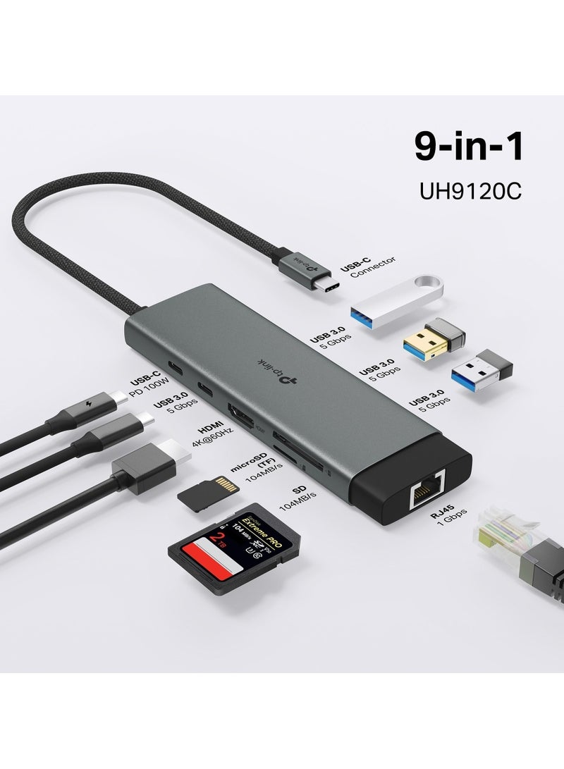 TP-LINK UH9120C USB Type-C 9 in 1 Port Hub|4K HDMI| Gigabit RJ45|SD & microSD| PD 100W|USB 3.0|Plug & Play| Supports Mac, Windows, Linux, iPadOS, iOS, Android, Chrome Grey - Image 2