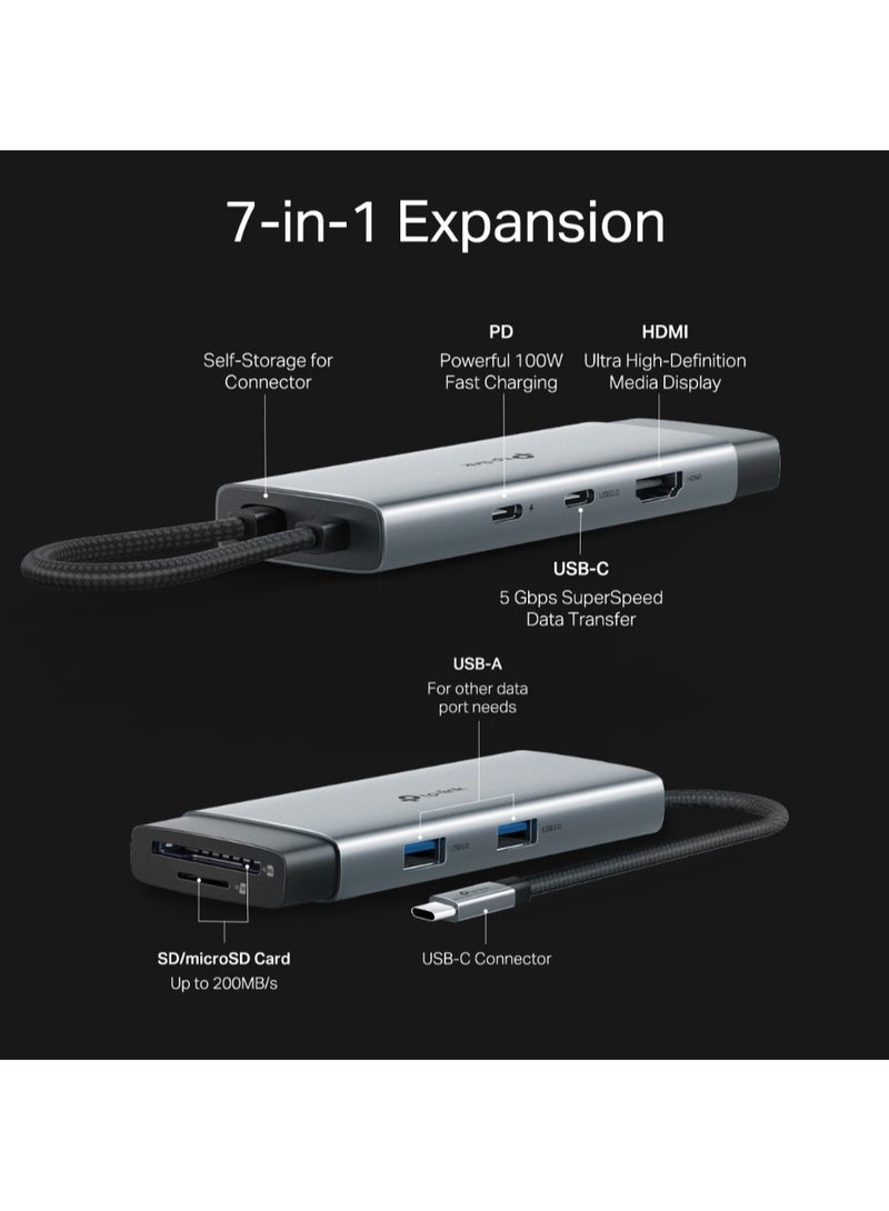 TP-LINK USB Type-C 7 in 1 Hub|4K Ultra HD Media Display|SD & microSD UHS-I | Powerful 100W Fast Charging|5 Gbps SuperSpeed Data Transfer | Plug & Play| Windows 11/10/8.1/8/7, Linux OS, iPadOS, iOS, Android Grey - Image 5