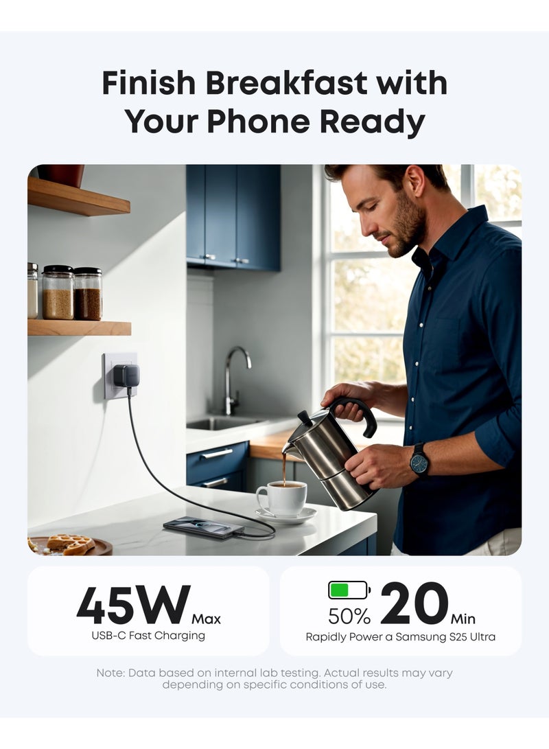 Anker Nano 45W Type C Fast Charging Charger, Compact and Folddable Plug, USB-C Charger Block for Samsung Galaxy S25 Ultra/S24 Series, iPhone 16 Series, MacBook, Pixel 9, iPad (6 ft Cable Included) Black - Image 4