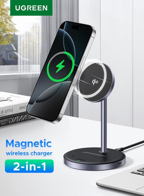 2 IN 1 Qi2 15W Wireless Charger Magsafe Stand Charger Desk Magnetic Charger With Additional USB-C Port Fast Charging Stand For New AirPods 4 3 Charging Station Angle Adjustable For iPhone 16, 15, 14,13 Pro Max Black