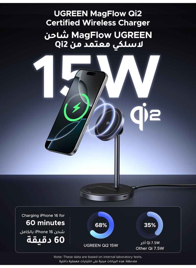 2 IN 1 Qi2 15W Wireless Charger Magsafe Stand Charger Desk Magnetic Charger With Additional USB-C Port Fast Charging Stand For New AirPods 4 3 Charging Station Angle Adjustable For iPhone 16, 15, 14,13 Pro Max Black