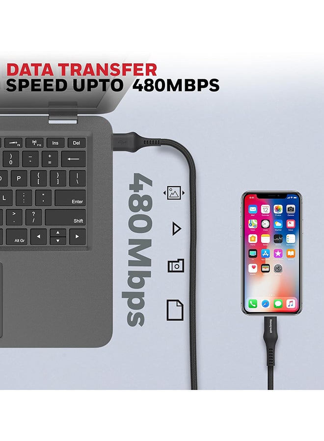 Honeywell USB A to Type C Cable, 4 Feet (1.2M), PD 60W, QC 3.0, Fast Charge And Sync Cable, Nylon Braided Cable for Apple Devices, Smartphones, Laptops, Power Banks, Tablets, Headphones, Speakers - Black - Image 2