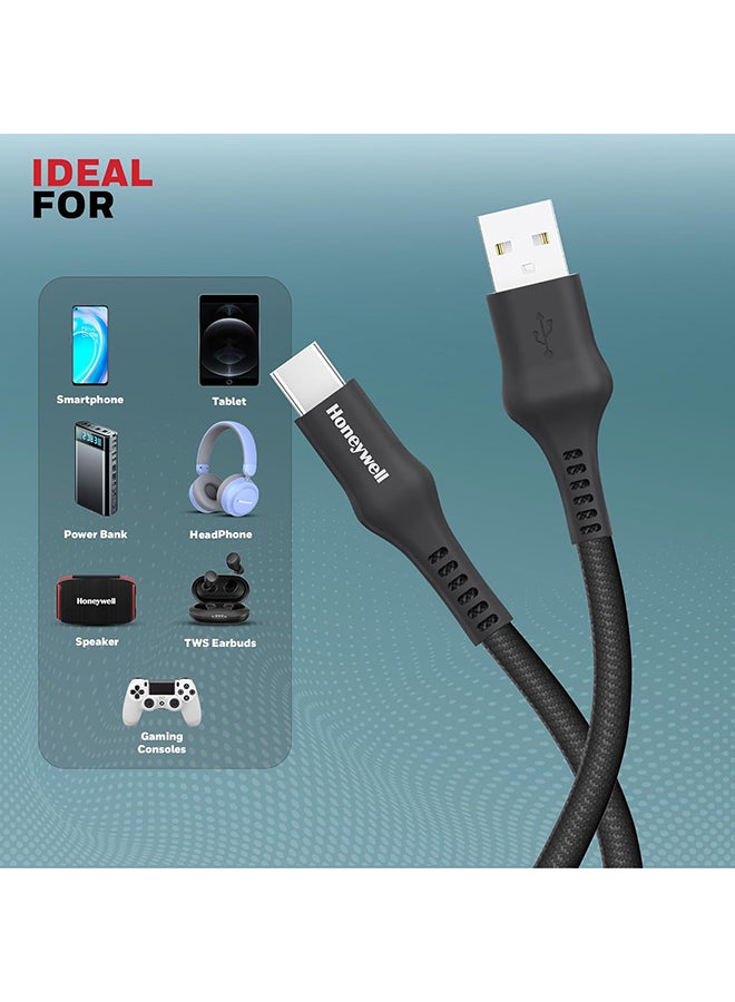 Honeywell USB A to Type C Cable, 4 Feet (1.2M), PD 60W, QC 3.0, Fast Charge And Sync Cable, Nylon Braided Cable for Apple Devices, Smartphones, Laptops, Power Banks, Tablets, Headphones, Speakers - Black - Image 3