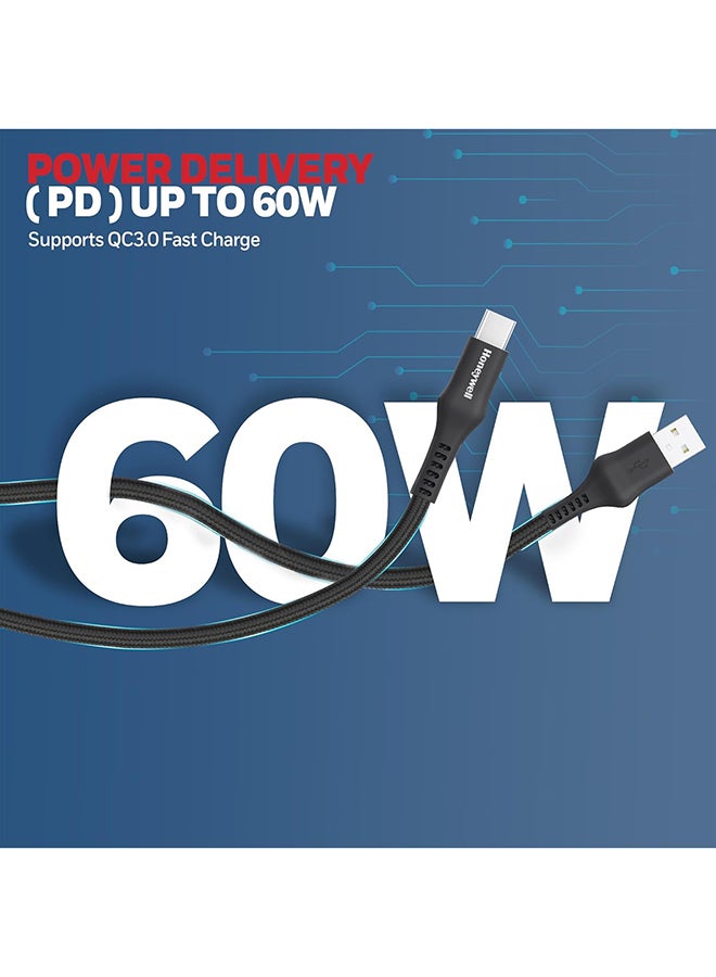 Honeywell USB A to Type C Cable, 4 Feet (1.2M), PD 60W, QC 3.0, Fast Charge And Sync Cable, Nylon Braided Cable for Apple Devices, Smartphones, Laptops, Power Banks, Tablets, Headphones, Speakers - Black - Image 5