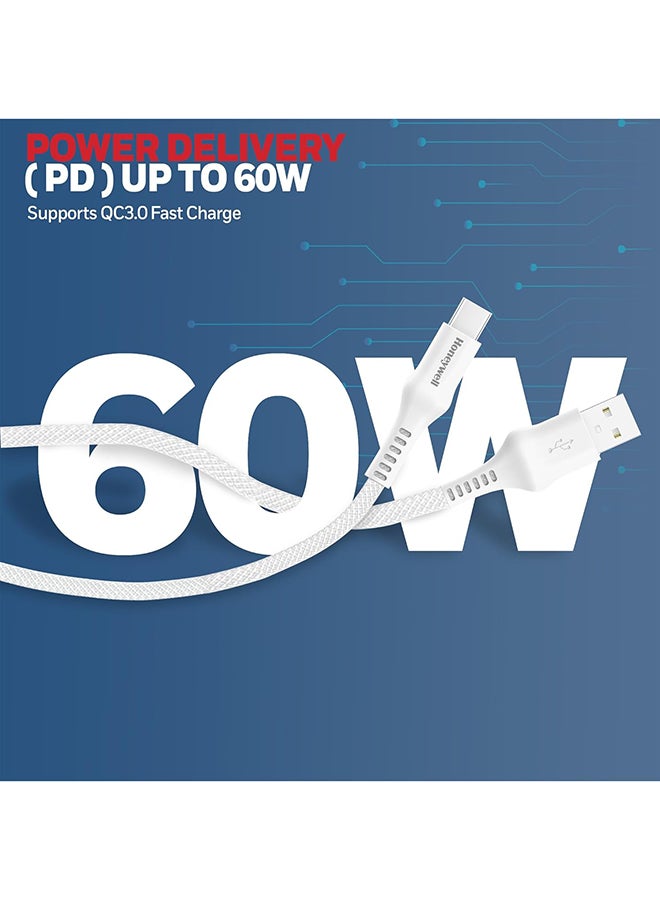 Honeywell USB A to Type C Cable, 4 Feet (1.2M), PD 60W, QC 3.0, Fast Charge And Sync Cable, Nylon Braided Cable for Apple Devices, Smartphones, Laptops, Power Banks, Tablets, Headphones, Speakers - White - Image 5