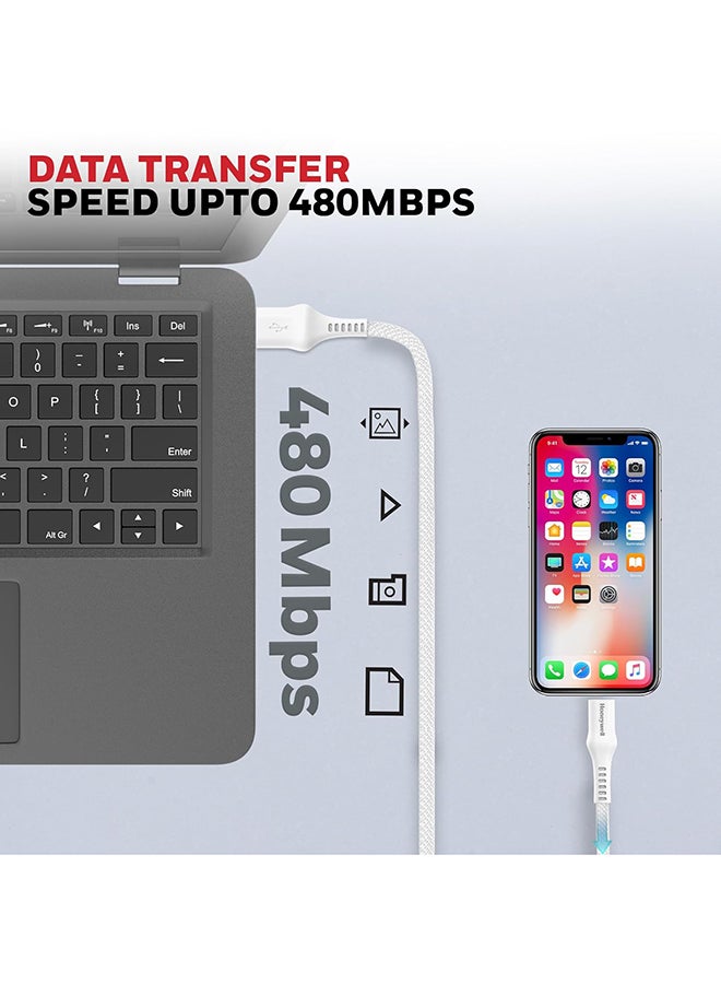 Honeywell USB A to Type C Cable, 4 Feet (1.2M), PD 60W, QC 3.0, Fast Charge And Sync Cable, Nylon Braided Cable for Apple Devices, Smartphones, Laptops, Power Banks, Tablets, Headphones, Speakers - White - Image 2