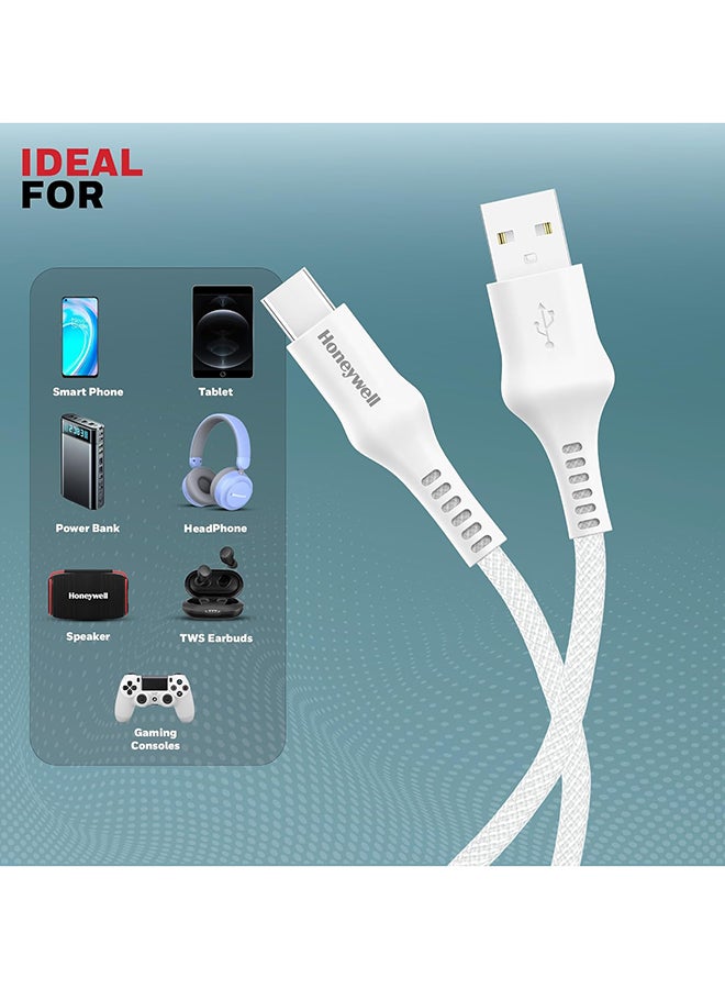 Honeywell USB A to Type C Cable, 4 Feet (1.2M), PD 60W, QC 3.0, Fast Charge And Sync Cable, Nylon Braided Cable for Apple Devices, Smartphones, Laptops, Power Banks, Tablets, Headphones, Speakers - White - Image 3