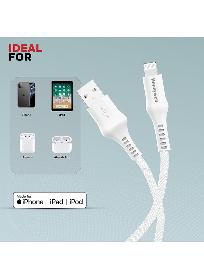 Honeywell USB A to Lightning, 4 Feet (1.2M), Nylon Braided Cable, MFI-certified, QC3.0, 2.4 A Max Output, Fast Charge And Sync Cable for iPhone, iPad, AirPods - White - Image 3