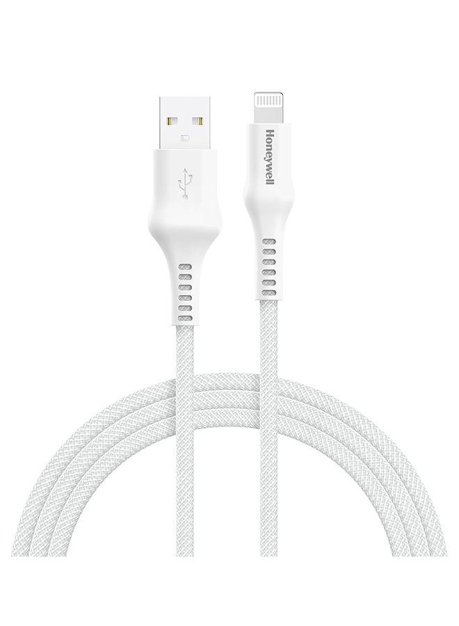 Honeywell USB A to Lightning, 4 Feet (1.2M), Nylon Braided Cable, MFI-certified, QC3.0, 2.4 A Max Output, Fast Charge And Sync Cable for iPhone, iPad, AirPods - White - Image 1