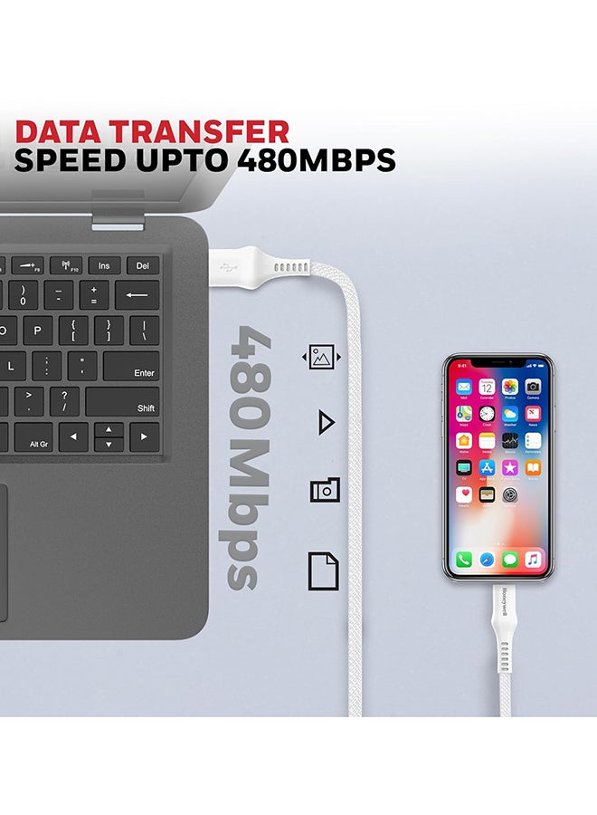 Honeywell USB A to Lightning, 4 Feet (1.2M), Nylon Braided Cable, MFI-certified, QC3.0, 2.4 A Max Output, Fast Charge And Sync Cable for iPhone, iPad, AirPods - White - Image 2