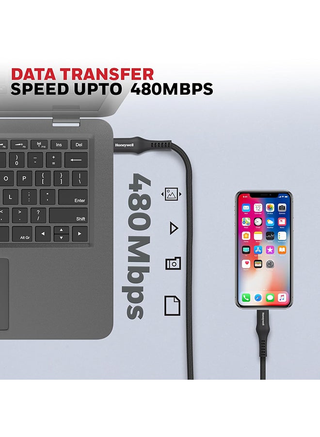 Honeywell USB Type C to Type C Cable, 4 Feet (1.2M), PD 60W, QC 3.0, Fast Charging, Nylon Braided Cable for Apple Devices, Smartphones, Laptops, Power Banks, Tablets, Headphones, Speakers - Black - Image 2