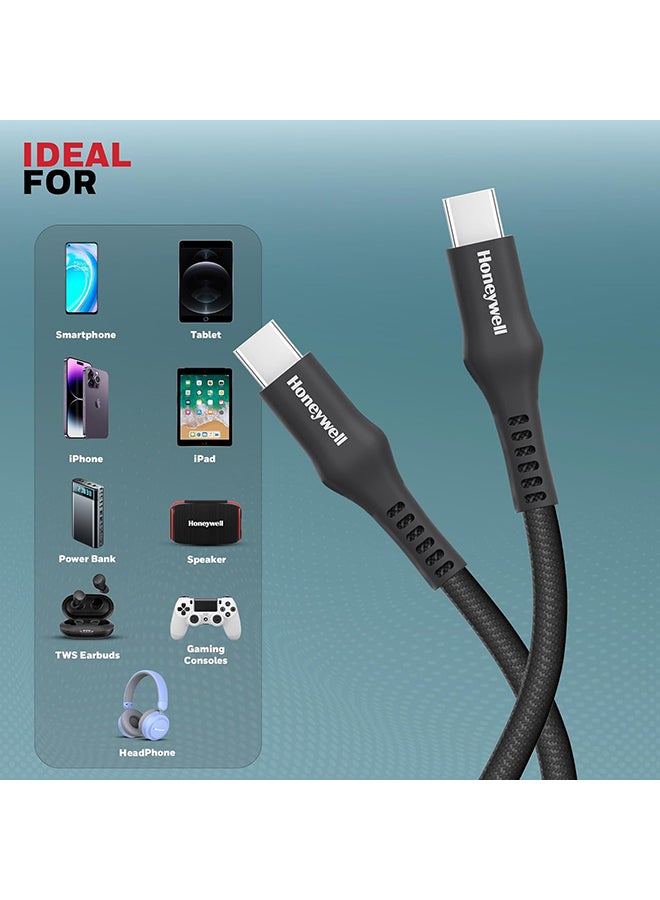 Honeywell USB Type C to Type C Cable, 4 Feet (1.2M), PD 60W, QC 3.0, Fast Charging, Nylon Braided Cable for Apple Devices, Smartphones, Laptops, Power Banks, Tablets, Headphones, Speakers - Black - Image 3