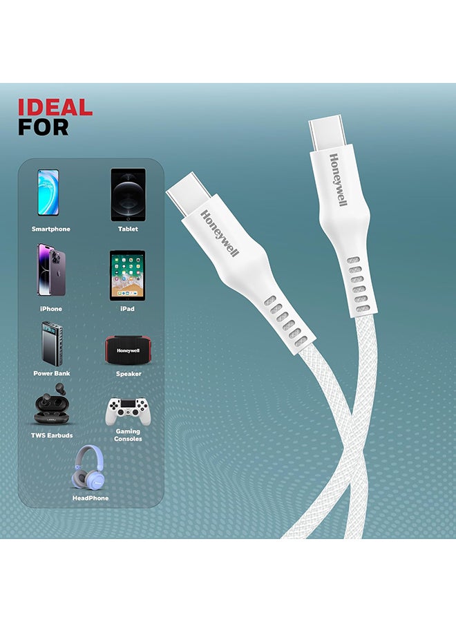 هوني ويل USB Type C to Type C Cable, 4 Feet (1.2M), PD 60W, QC 3.0, Fast Charging, Nylon Braided Cable for Apple Devices, Smartphones, Laptops, Power Banks, Tablets, Headphones, Speakers - White - Image 3