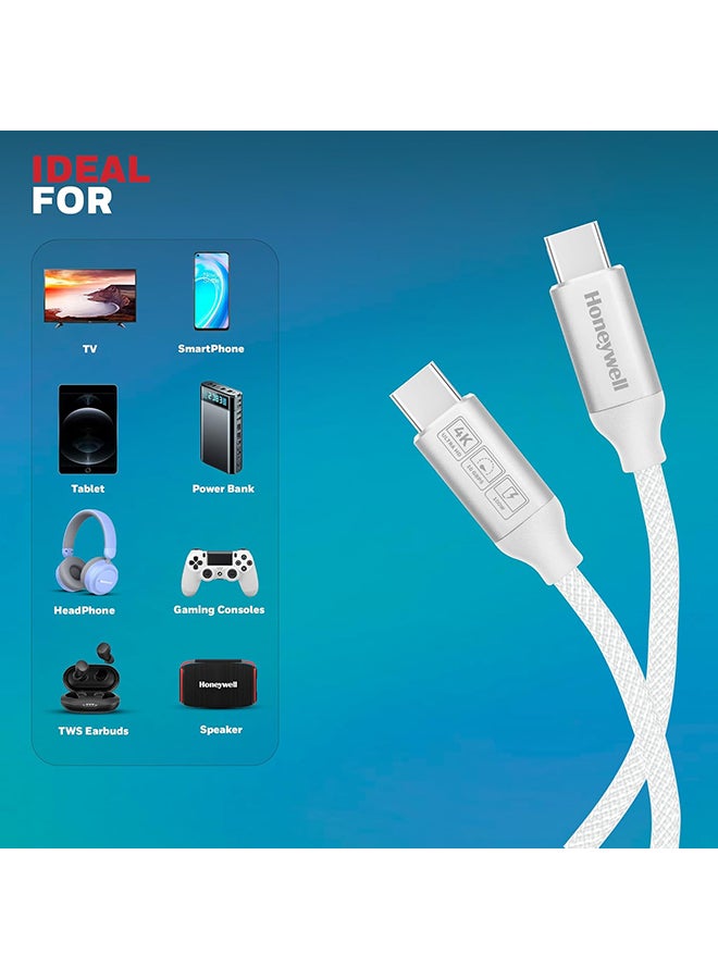Honeywell Type C to Type C USB 3.1 Cable, 4 Feet (1.2M), Max Output 5A 100W, QC 3.0, Fast Charge, Compatible with Apple Devices, Smartphones, Laptops, Power Banks, Tablets, Headphones, Speakers - White - Image 3