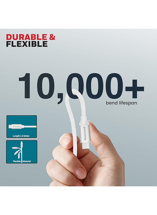 Honeywell Type C to Type C USB 3.1 Cable, 4 Feet (1.2M), Max Output 5A 100W, QC 3.0, Fast Charge, Compatible with Apple Devices, Smartphones, Laptops, Power Banks, Tablets, Headphones, Speakers - White - Image 4