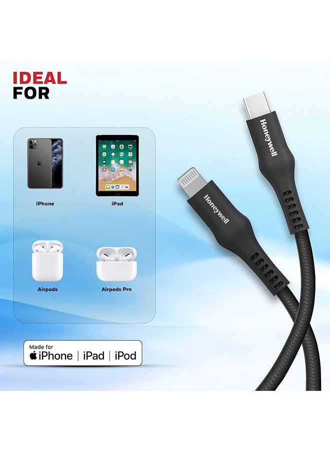 Honeywell Type C to Lightning, 4 Feet (1.2M), Nylon Braided Cable, MFI-certified, QC3.0, PD 87W Support with Max Output 3A, Fast Charge And Sync Cable for iPhone, iPad, AirPods - Black - Image 4