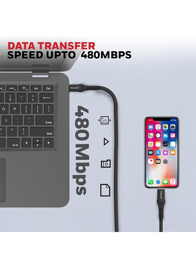 Honeywell Type C to Lightning, 4 Feet (1.2M), Nylon Braided Cable, MFI-certified, QC3.0, PD 87W Support with Max Output 3A, Fast Charge And Sync Cable for iPhone, iPad, AirPods - Black - Image 3