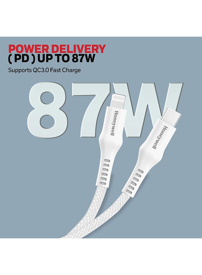 Honeywell Type C to Lightning, 4 Feet (1.2M), Nylon Braided Cable, MFI-certified, QC3.0, PD 87W Support with Max Output 3A, Fast Charge And Sync Cable for iPhone, iPad, AirPods - White - Image 2
