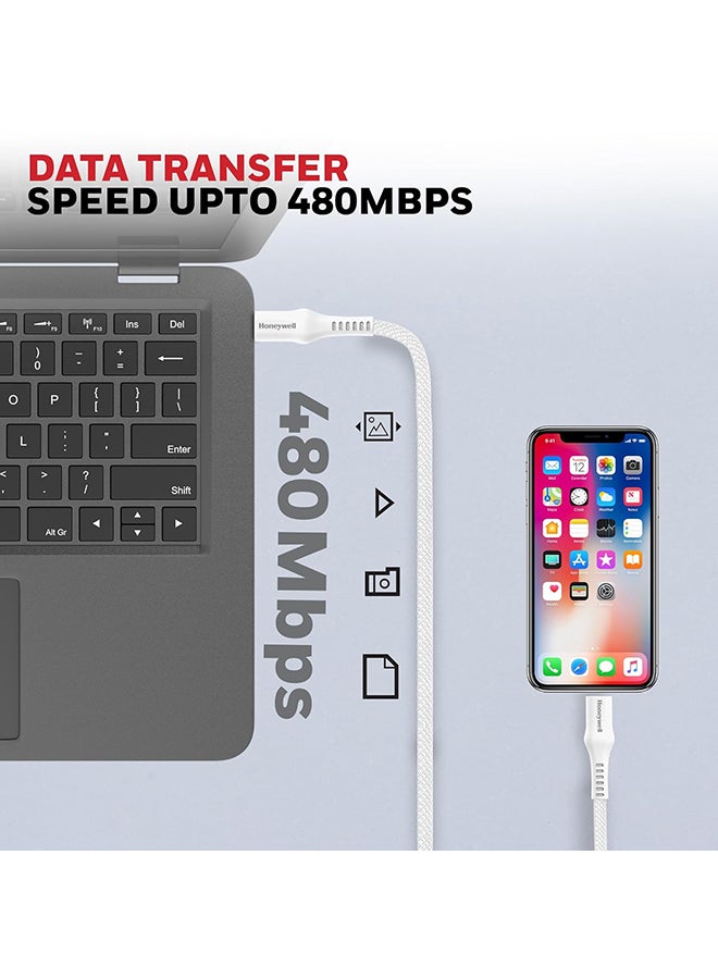 Honeywell Type C to Lightning, 4 Feet (1.2M), Nylon Braided Cable, MFI-certified, QC3.0, PD 87W Support with Max Output 3A, Fast Charge And Sync Cable for iPhone, iPad, AirPods - White - Image 3